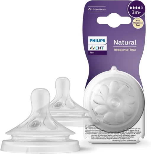 Philips Avent Lot de 2 tétines pour biberon à Réponse Naturelle 0% BPA, Débit 4 pour Bébé de 3 mois + (modèle SCY964/02)