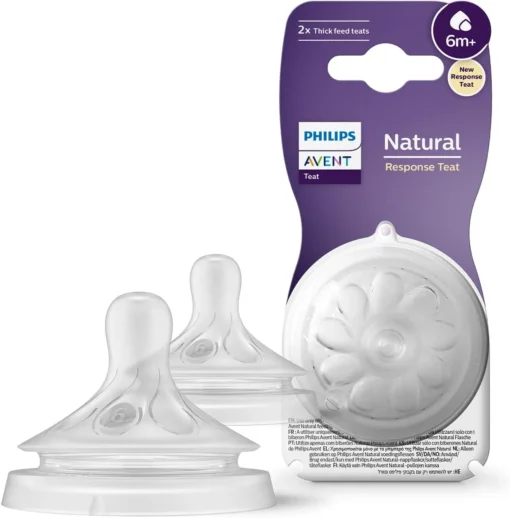 Philips Avent Lot de 2 tétines pour biberon à Réponse Naturelle 0% BPA, Débit 6 liquides épaissis pour Bébé de 6 mois + (modèle SCY966/02