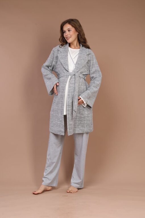 Pyjama grossesse et allaitement avec peignoir en gris