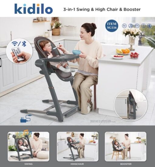 chaise haute kidilo 3 en 1 avec mode swing balancelle