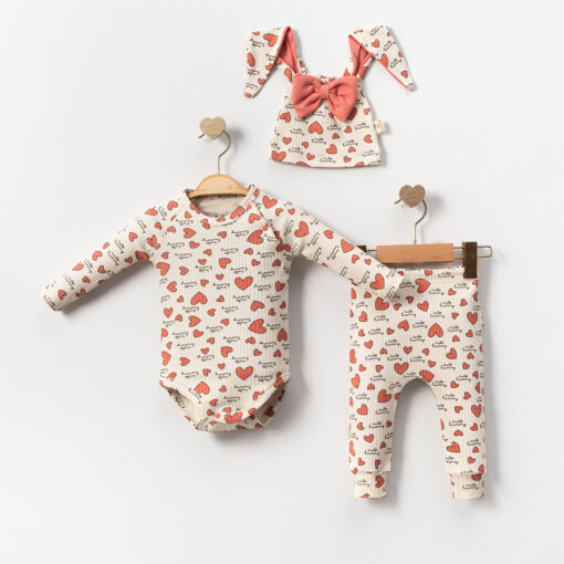 Ensemble Adorable 3 Pièces Cœur Bébé Fille avec Bonnet - Coton Bio