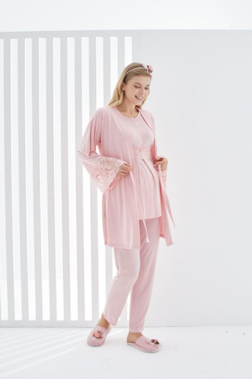 Pyjama dentelle 3 Pièces grossesse et allaitement Ultra Doux : Saumon Clair
