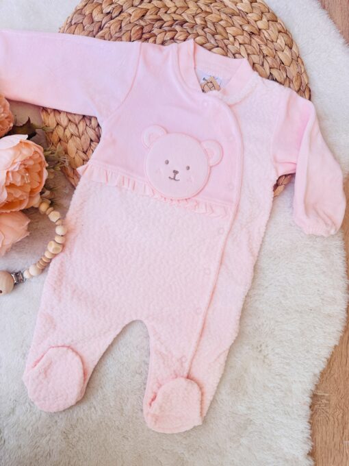 Grenouillère velours hyper douce : mini ourson rose